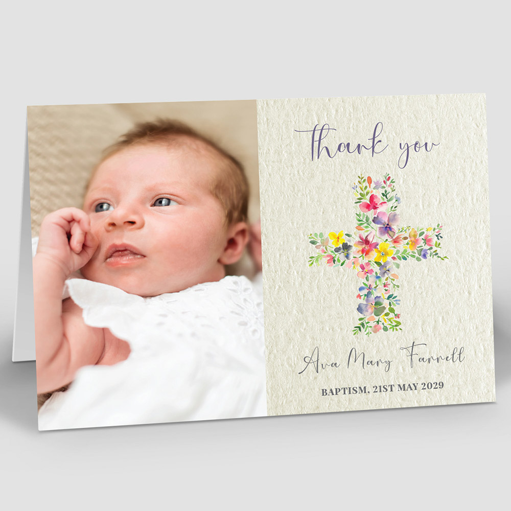 Spring Cross Christening Thank You Card